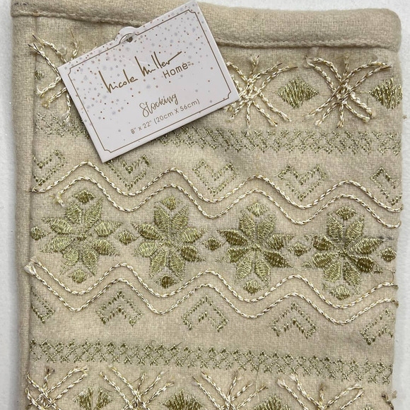 Nicole Miller Wool Blend Beige Embroidered Nordic Snowflake Christmas Stocking - Picture 3 of 8